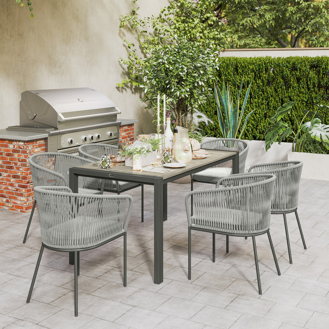 Rattan Dining Set, 6 Seater Rattan Garden Furniture Set with Acacia Wood Top Rectangle Table, 6 Chairs, Washable Seat Cushions, for Outdoor, Patio, Conservatory, Grey