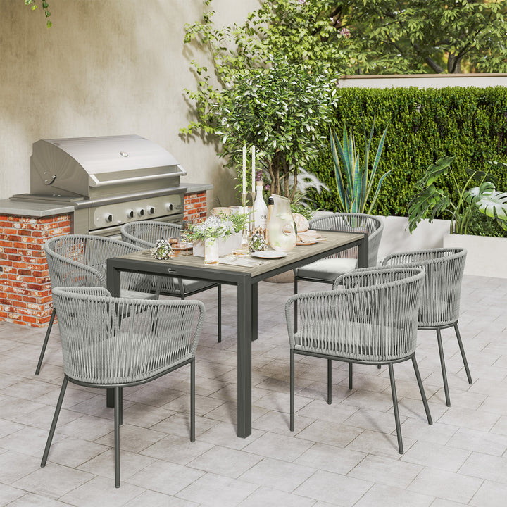 Rattan Dining Set, 6 Seater Rattan Garden Furniture Set with Acacia Wood Top Rectangle Table, 6 Chairs, Washable Seat Cushions, for Outdoor, Patio, Conservatory, Grey