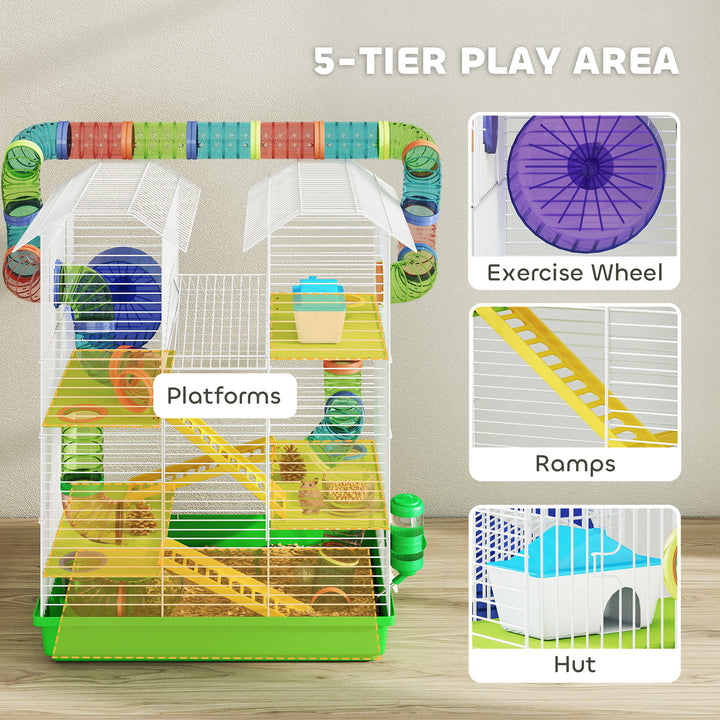 5 Tier Hamster Cage Carrier Habitat with Exercise Wheels Tunnel Tube Water Bottle Dishes House Ladder for Dwarf Mice, Green