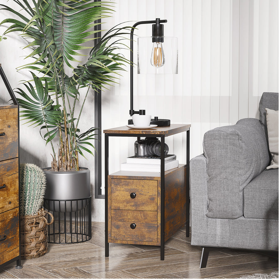 Side Table, Narrow Bedside Table with 2 Drawers and Storage Shelf, Industrial End Table with Metal Frame for Small Spaces, Rustic Brown