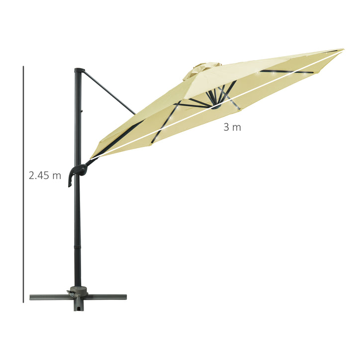 3(m) LED Cantilever Parasol Garden Sun Umbrella w/ Base and Solar Lights Beige
