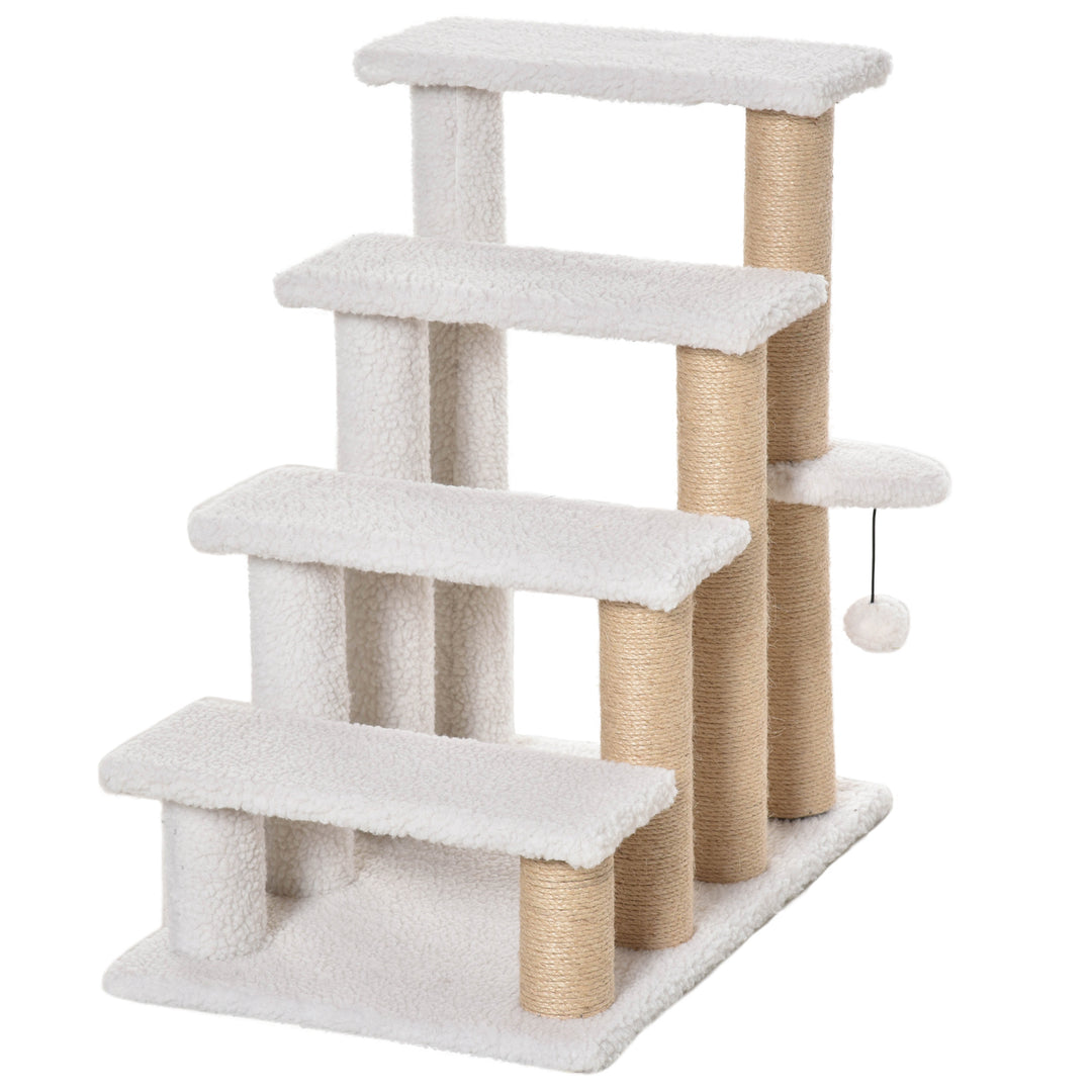 MCL Pet Stair with 4-step Climb Ladder, Scratching Posts, Platforms, Toy Ball, for Indoor Elderly Cats Kittens, White