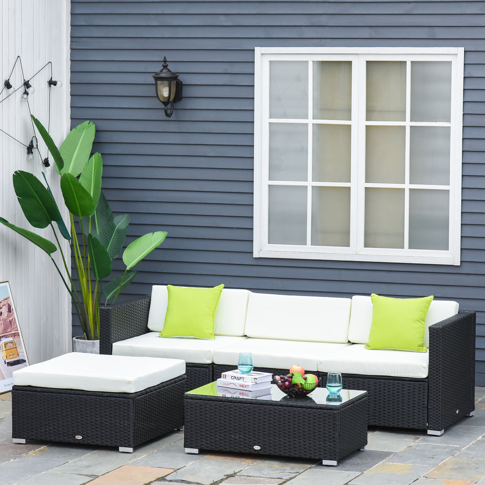 4-Seater Rattan Sofa Set Set Garden Outdoor Sectional Sofa Coffee Table Metal Frame w/Cushion Pillows-Black