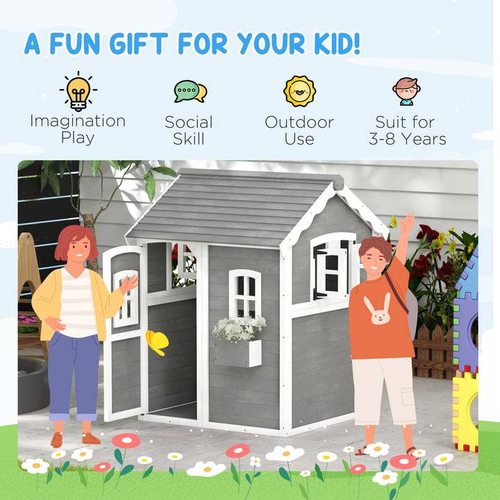 Wooden Playhouse for Kids with Doors, Windows, Plant Box, Floors, for Ages 3-8 Years, for Gardens, Lawns, Patios - Grey