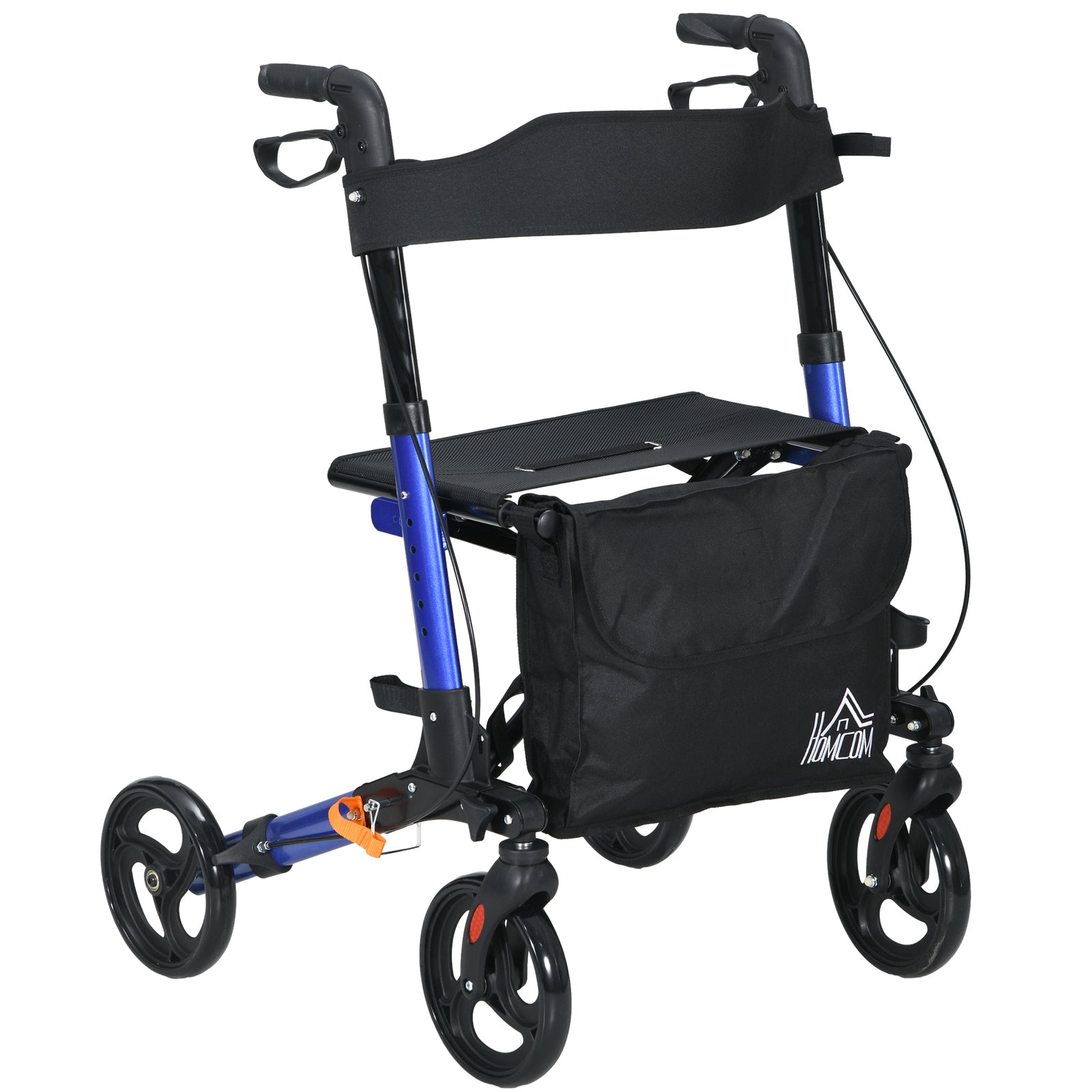 4 Wheel Rollator with Seat and Back, Folding Mobility Walker with Carry Bag, Adjustable Height, Dual Brakes, Cane Holder, Lightweight Aluminium Walking Frame for Seniors and Disabled, Blue