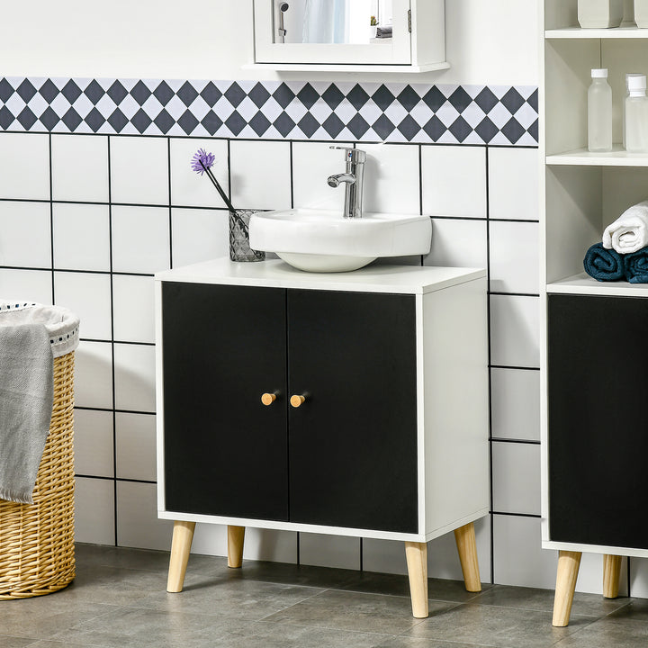 kleankin Modern Bathroom Sink Cabinet, Under Sink Storage Cabinet, with Adjustable Shelf and Solid Wood Legs, Black and White