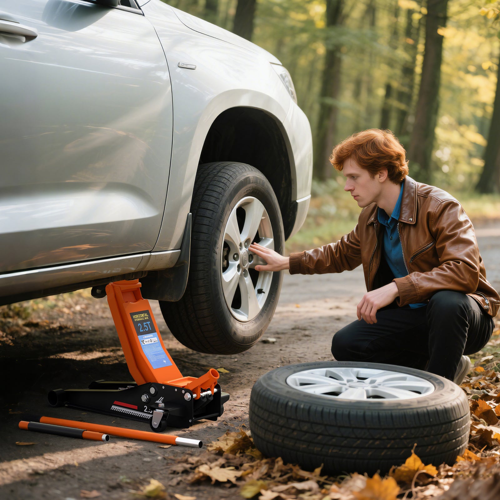 2.5 Ton Hydraulic Low-Profile Floor Jack, with 7.5-47cm Lifting Range, Wheels, Orange