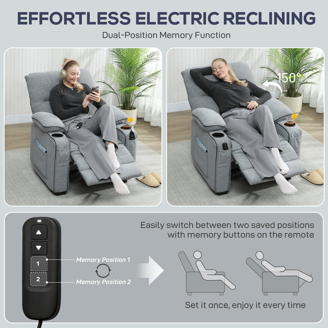 Electric Massage Recliner Armchair with Vibration, Heat, Whisper-Quiet Motor, Memory Function, Velvet Power Reclining Chair with Spring Pack, USB Port, Footrest, Side Pocket, Cup Holders