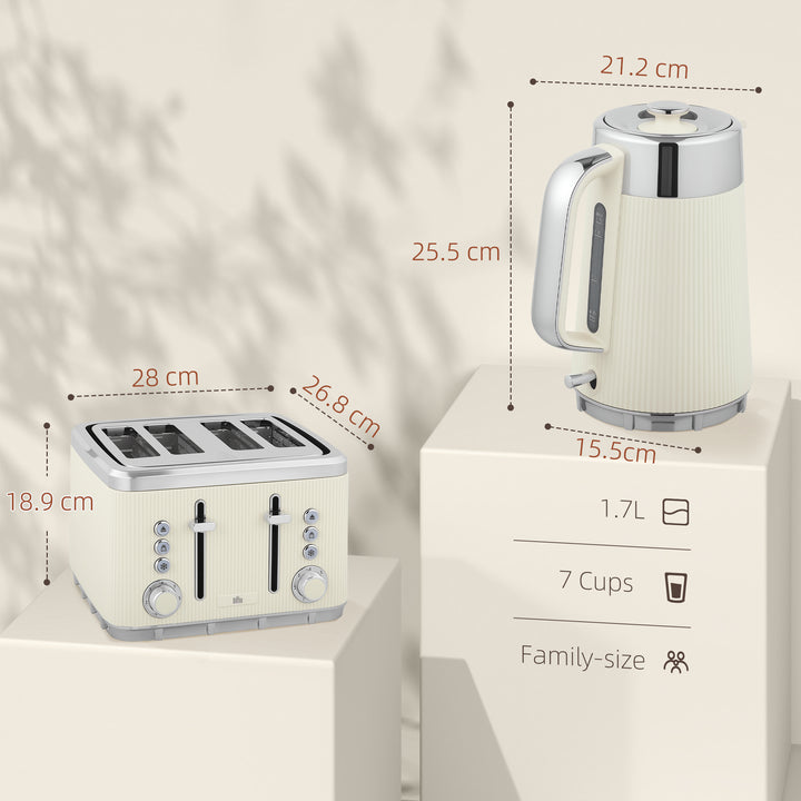 Electric Kettle and Toaster Set, 3000W 1.7L UK Strix Thermostat Rapid Boil Jug Kettle with Limescale Filter, Cool Touch Body, 4 Slice Toaster with 7 Browning Controls, Crumb Tray, Cream