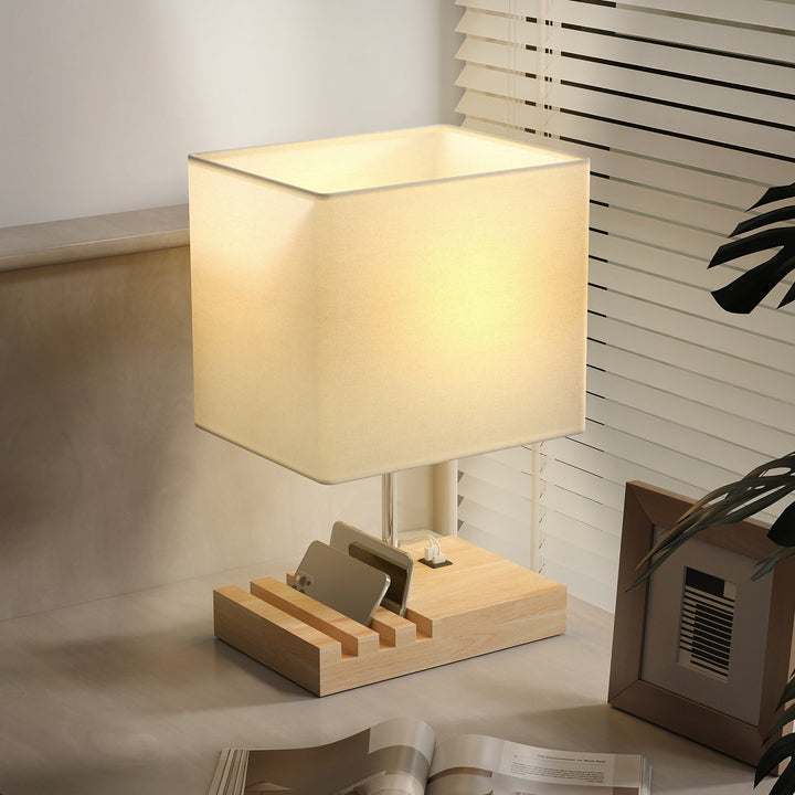Bedside Lamp with USB A+C Charging Ports and 3 Phone Stands, Modern Table Lamp with Solid Wood Base and Fabric Shade for Bedroom Living Room Office, E27 Socket, Bulb Not Included