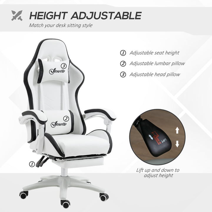 Computer Gaming Chair, PU Leather Office Desk Chair with Footrest, Swivel Wheels, 135° Reclining Back, Lumbar Support, Headrest for Home, White and Black