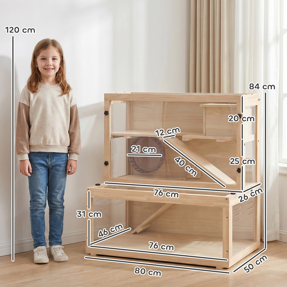 Wooden Hamster Cage with Hut, Wheel, Ramps, Removable Viewing Panels, 