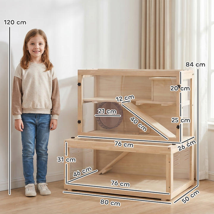 Wooden Hamster Cage with Hut, Wheel, Ramps, Removable Viewing Panels, 