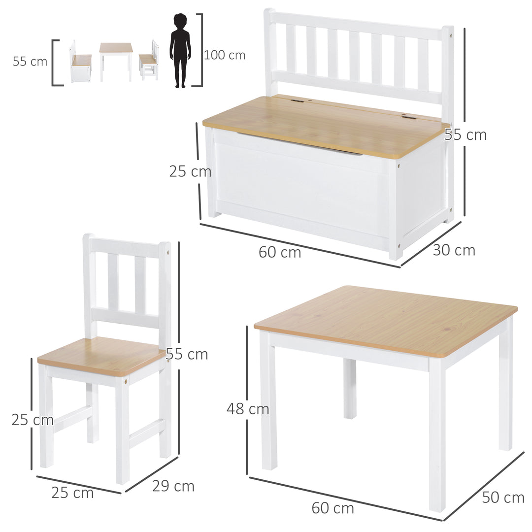 4-Piece Kids Table and Chair Set with 2 Wooden Chairs, 1 Storage Bench, and Interesting Modern Design, Beige/White