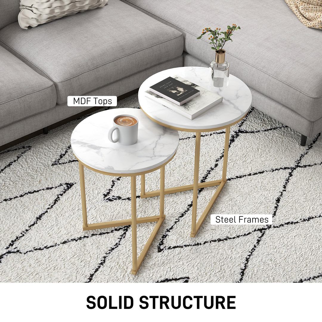 Set of Two Marble-Effect Nest of Tables - White/Gold-Tone