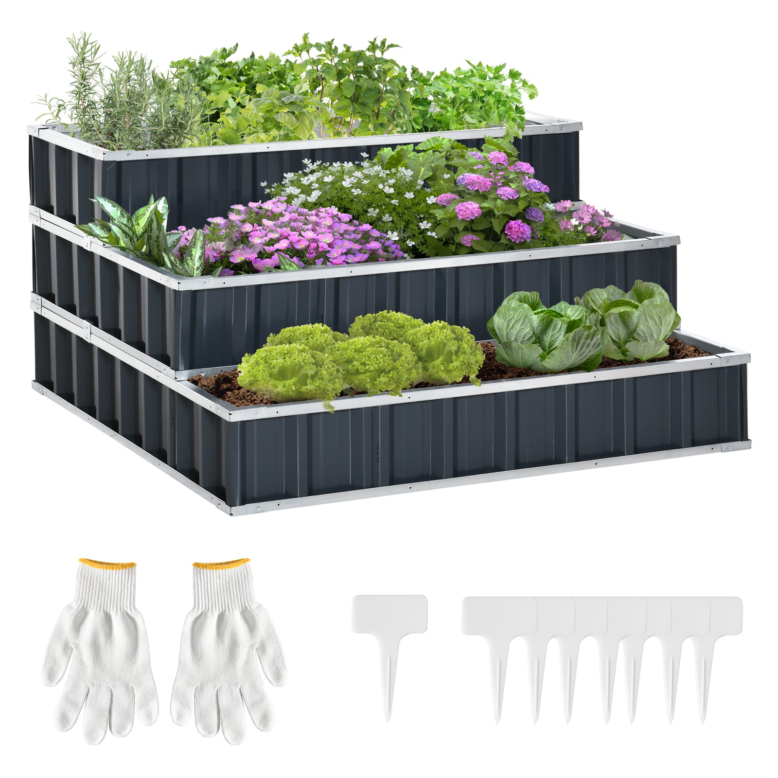 3 Tier Raised Garden Bed, Metal Elevated Planer Box Kit Flower Pot w/ A Pairs of Glove for Garden, Patio to Grow Vegetables, Herbs, Flowers, 118 x 118 x 62 cm, Grey