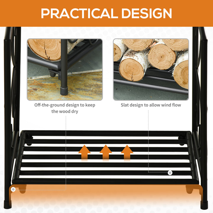 Metal Firewood Log Holder Indoor Outdoor Firewood Rack Fireplace Wood Storage Shelf w/ Elegant Scrolls, Rust-Resistant, Black, 39.5L x 31.5W x 39.5H cm