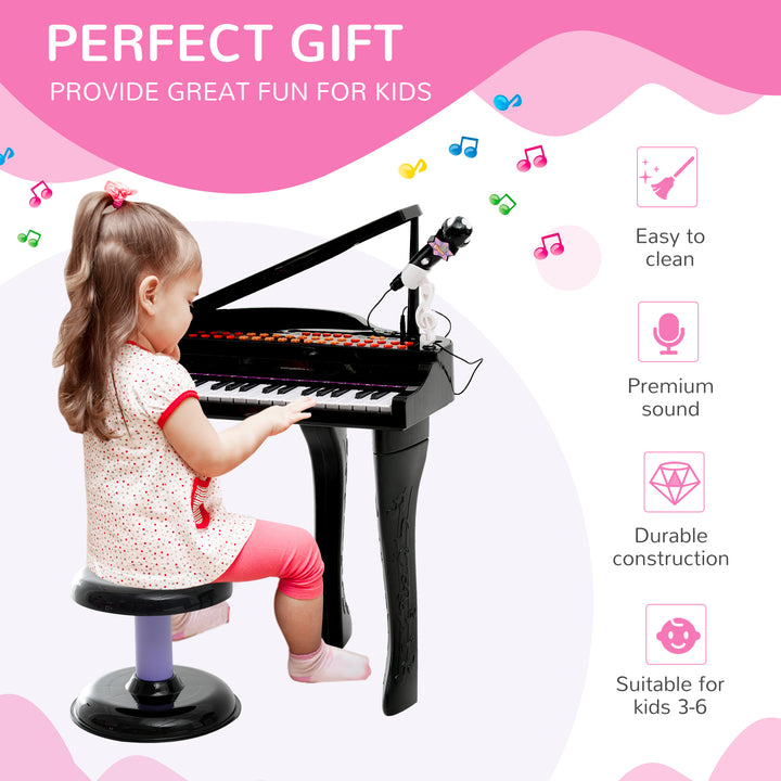 MCL 37 Keys Kids Mini Electronic Keyboard Children Grand Piano with Stool Microphone Light Musical Instrument Educational Game Toy Set (Black)