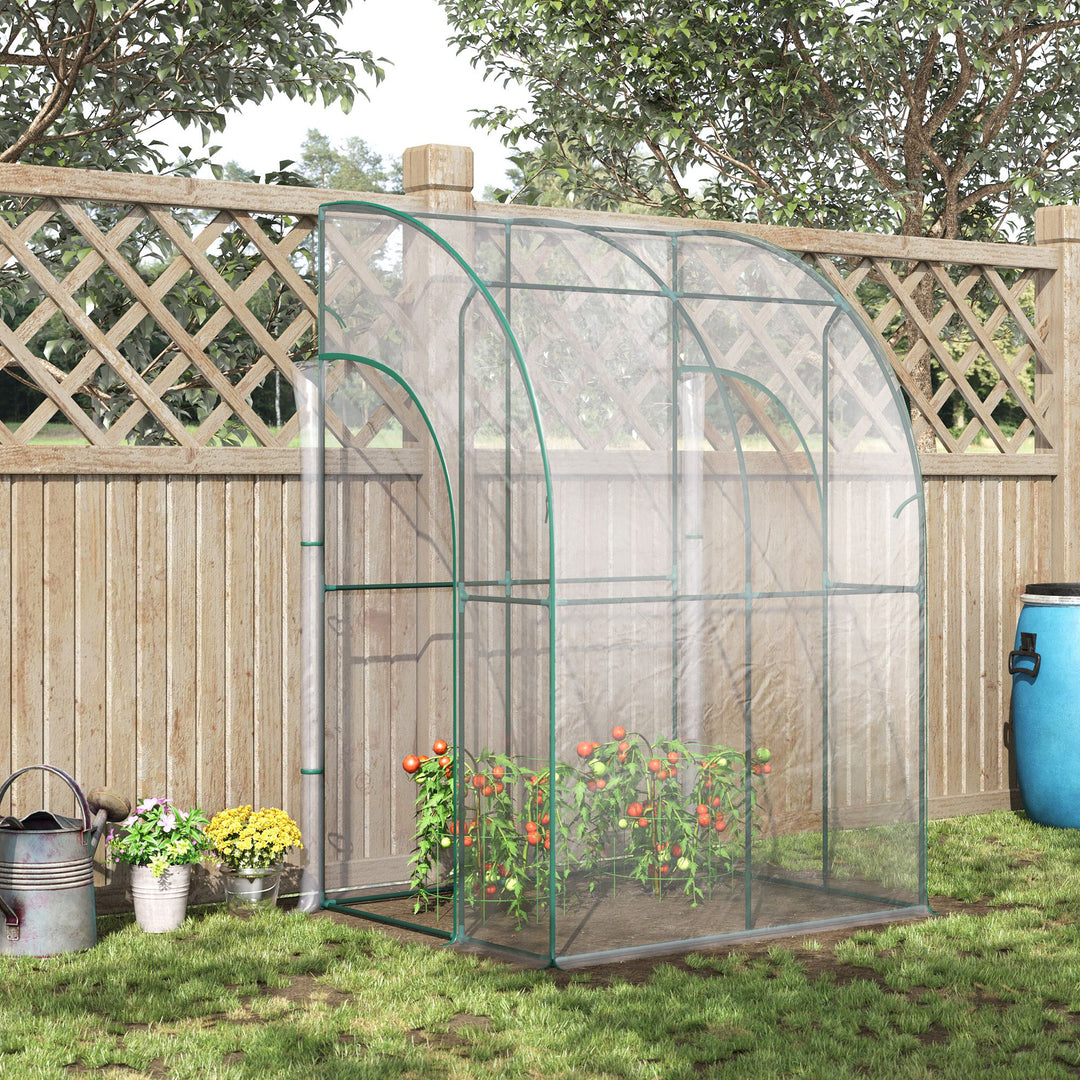 Outsunny Walk-In Greenhouse Lean to Wall Tunnel Greenhouse with Zippered Roll Up Door PVC Cover Sloping Top, 143 x 118 x 212 cm | Aosom UK