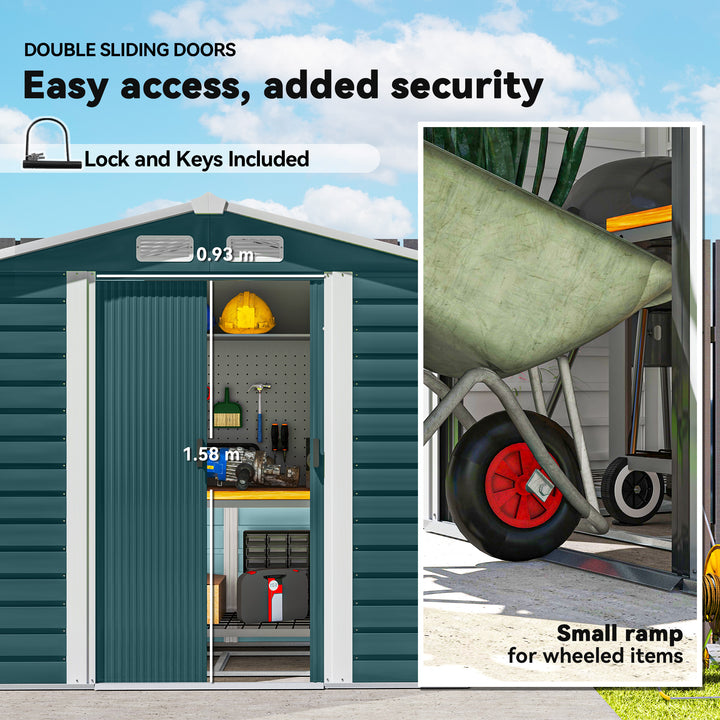 7 x 4ft Garden Shed, Easy to Assemble, Upgraded Galvanised Steel Frame with Foundation Kit, Double Doors with Lock, Outdoor Metal Shed with Vents and Gloves, Garden Storage Shed, Green