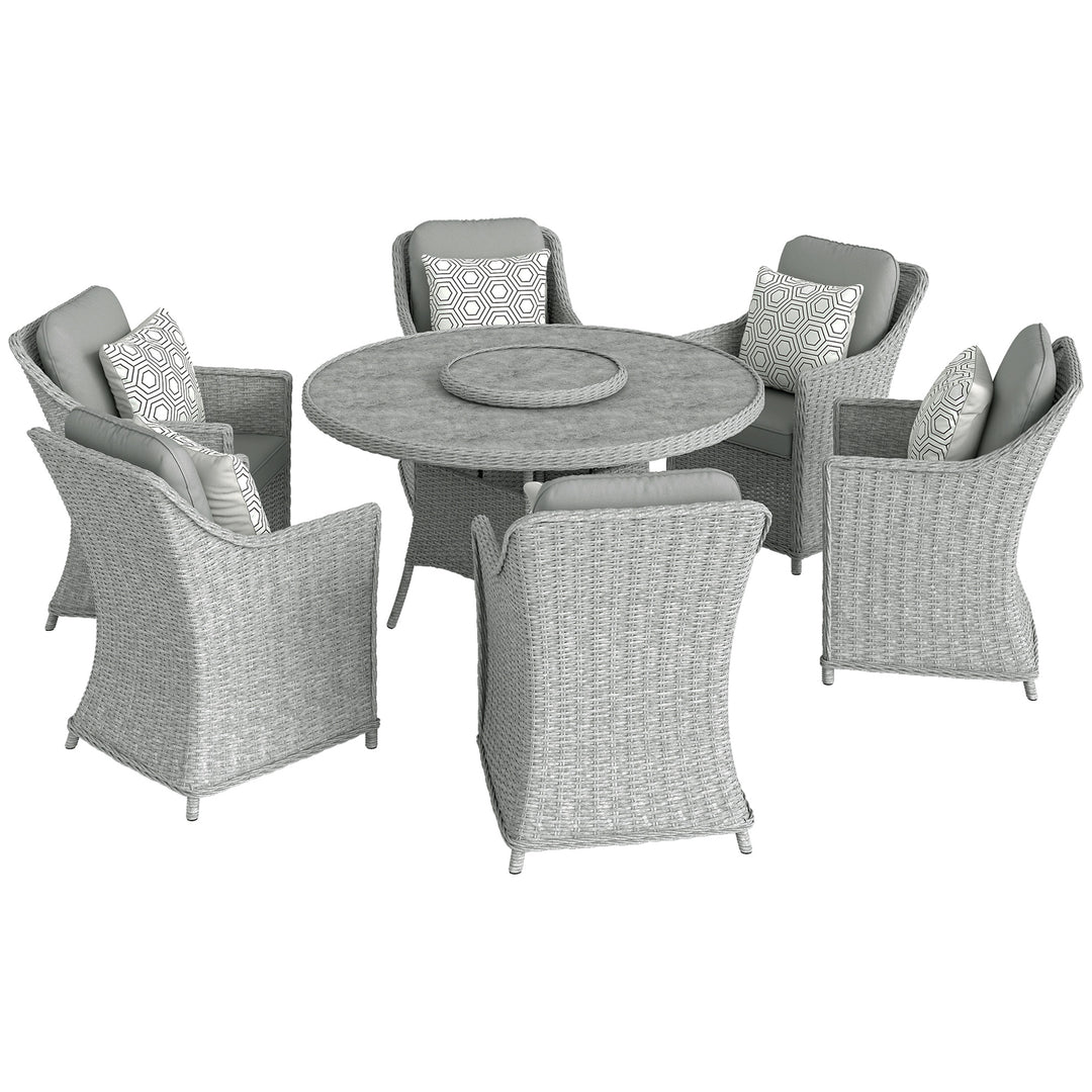 Rattan Garden Dining Set with Turntable, Marble Effect Glass Round Gar