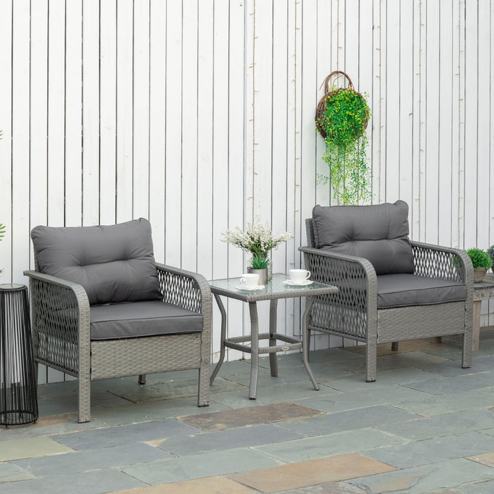 MCL 3 Pieces Rattan Bistro Set with Glass Top Coffee Table, Chairs and Cushions for Outdoor, Patio, Balcony, Grey