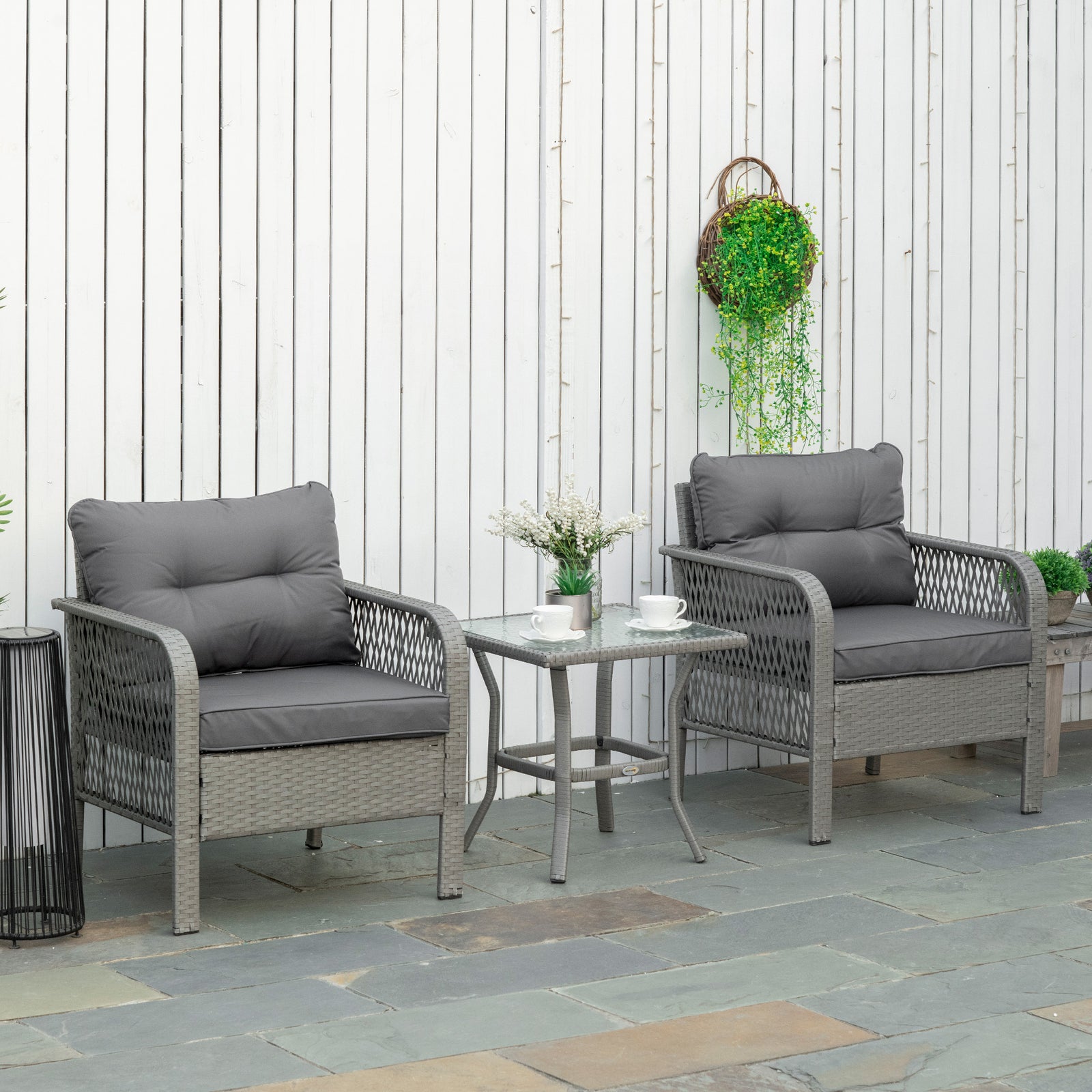 3 Pieces Rattan Bistro Set with Glass Top Coffee Table, Chairs and Cushions for Outdoor, Patio, Balcony, Grey