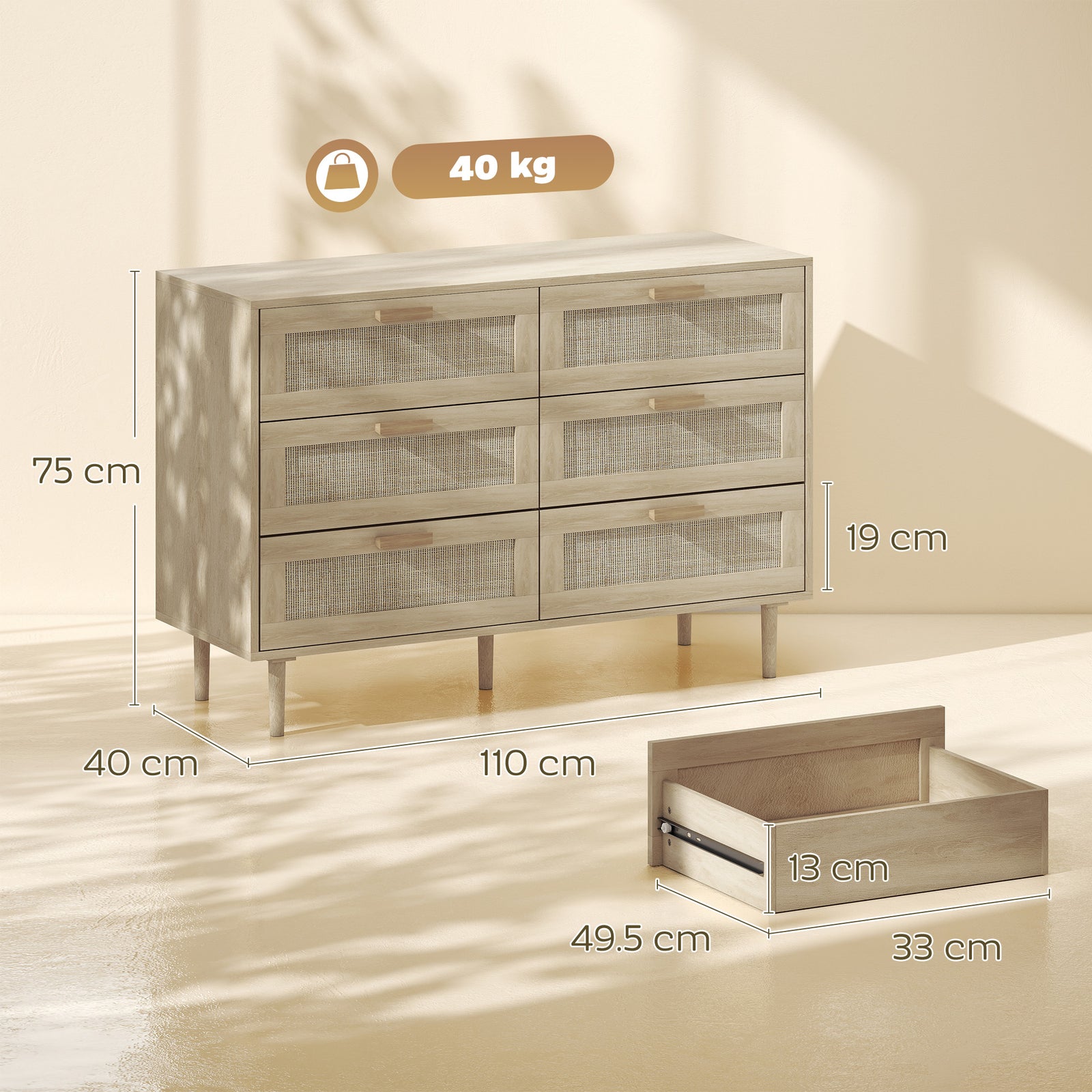 Chest of Drawers, 6-Drawer Dresser, Tall Storage Drawer Unit with Ratt
