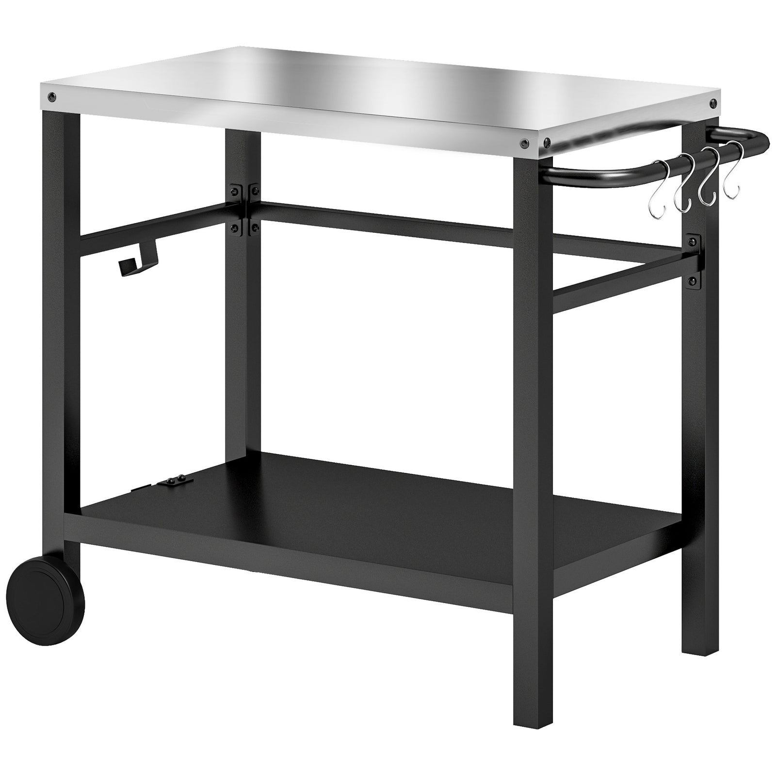 Outdoor Grill Dining Cart 2-Shelf Movable Pizza Oven Table Stand with Stainless Steel Top, Portable BBQ Trolley Food Prep Outdoor Kitchen BBQ Station with Hooks Wheels Handle, Charcoal Grey