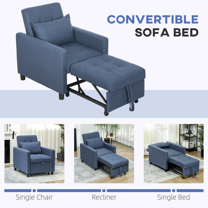 3-In-1 Chair Bed, Convertible Sleeper Chair with Adjustable Backrest, Pillow and Footrest for Living Room, Blue