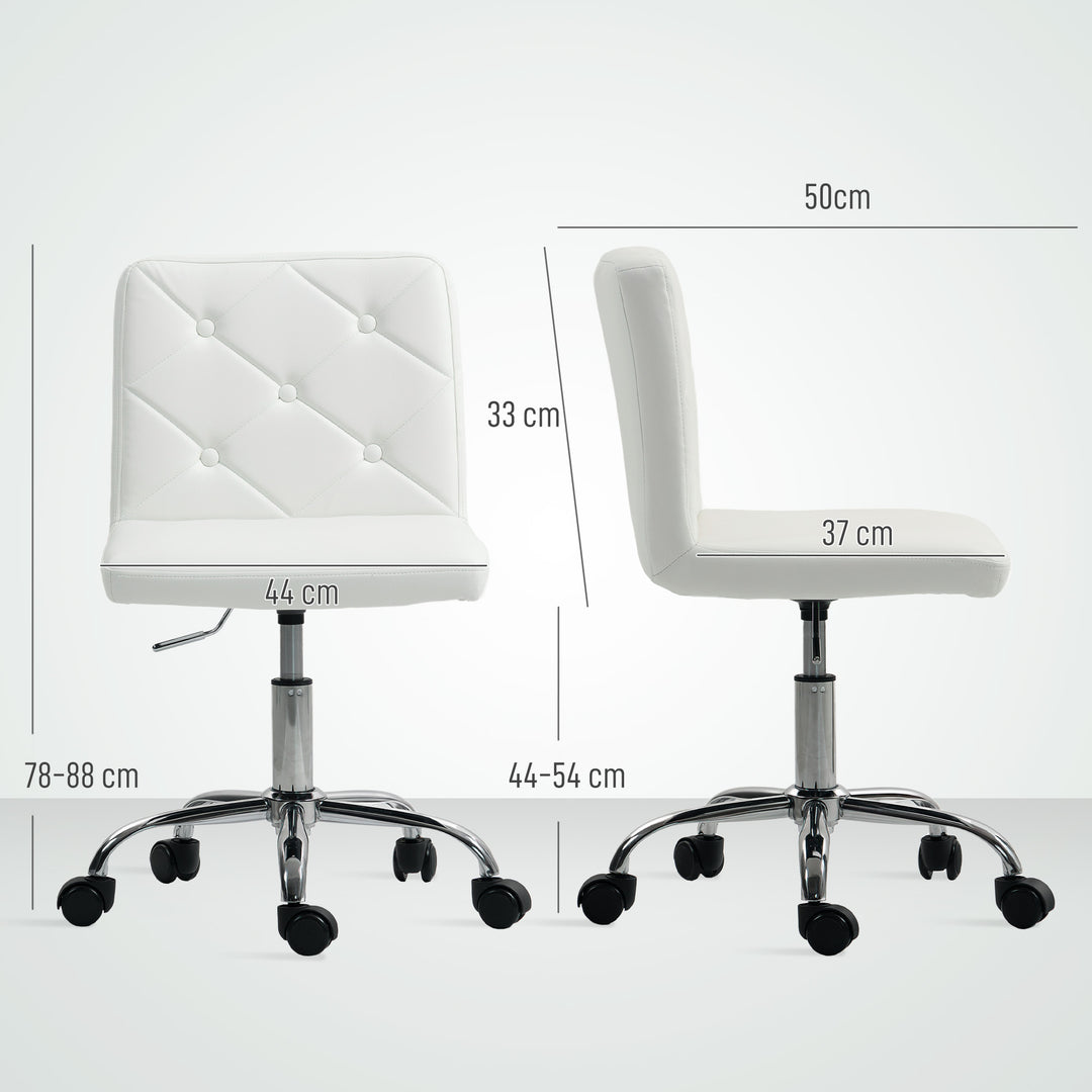 PU Leather Armless Office Chair, Modern Vanity Computer Swivel Chair with Rolling Wheels and Adjustable Height for Home Study, Bedroom, White