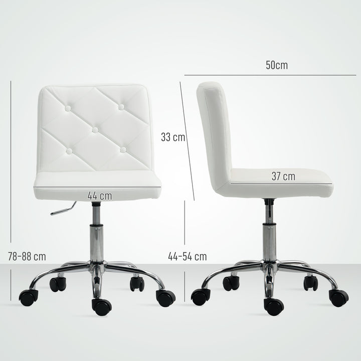 PU Leather Armless Office Chair, Modern Vanity Computer Swivel Chair with Rolling Wheels and Adjustable Height for Home Study, Bedroom, White