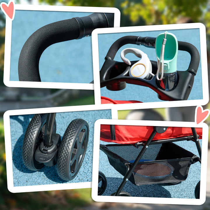 MCL Dog Pram Dog Stroller Foldable Pet Pushchair with 4 Wheels, Safety Leashes, Cup Holder for Small Dogs, Red