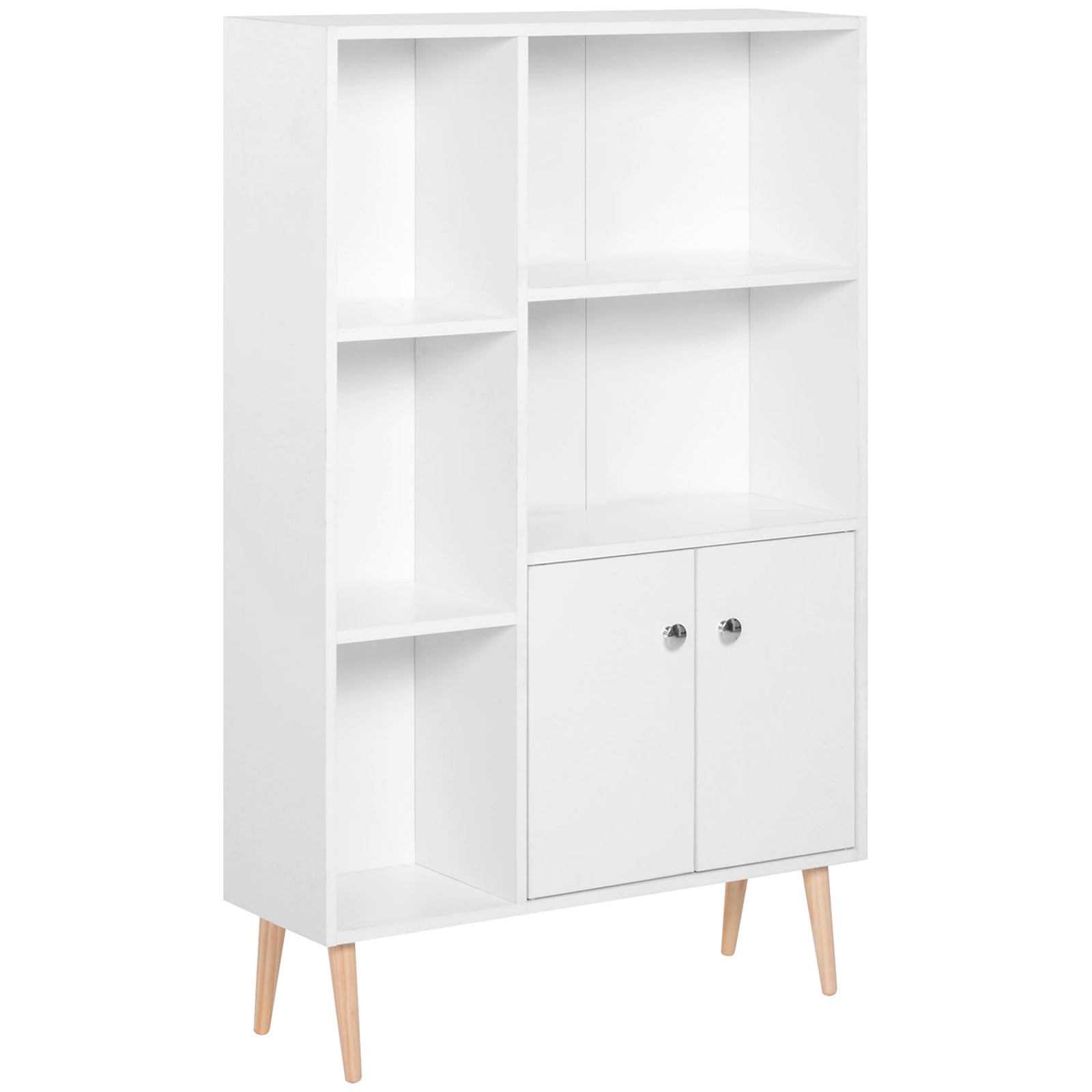 Sideboard Storage Cabinet Cupboard, Open Bookcase with 2 Doors 5 Compartments Wooden Modern Style for Living Room Bedroom Kitchen 80 x 23 x 123 cm, White