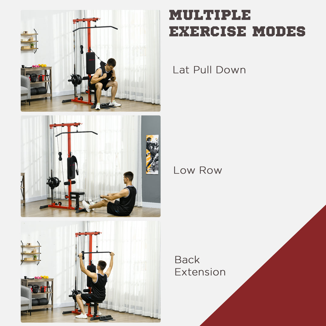 SPORTNOW Pull Up Station with Adjustable Seat, Power Tower for Chin up  and Lat Pulldown Exercises, Multi-Function Fitness Equipment with Flip-Up Footplate, for Home Gym, Red