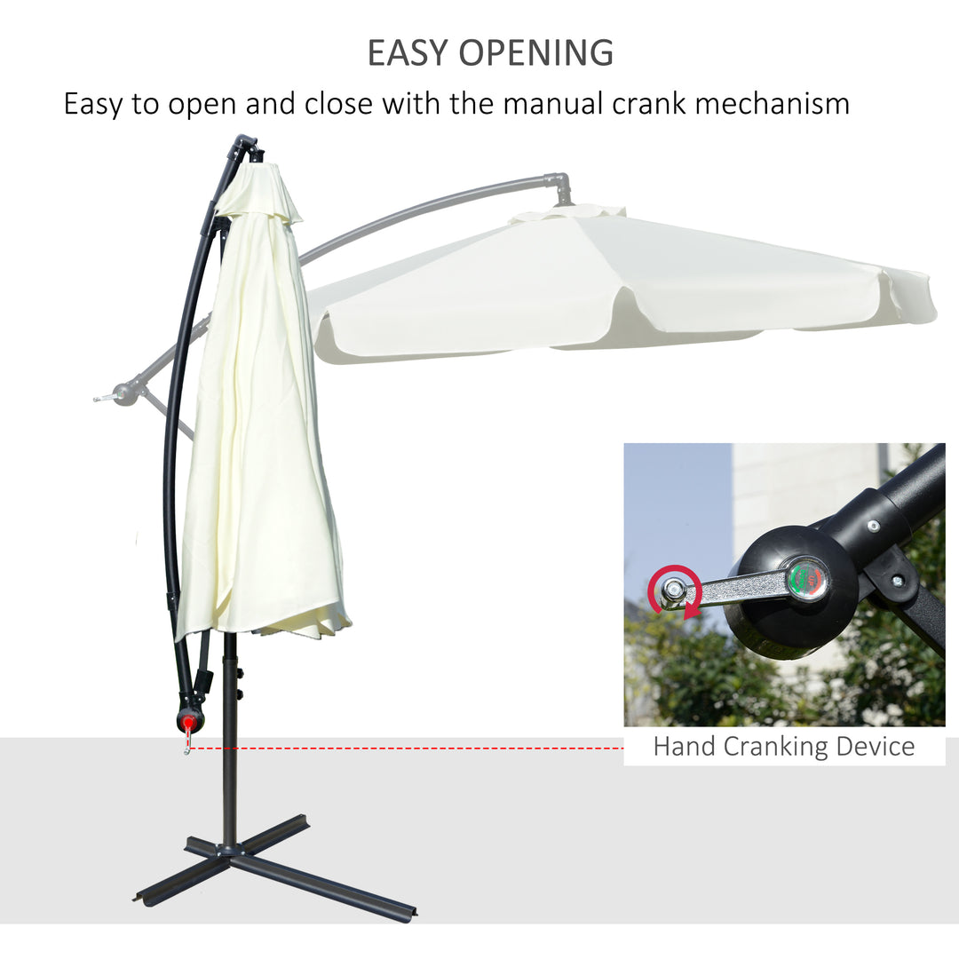 MCL 2.7m Garden Banana Parasol Cantilever Umbrella with Crank Handle and Cross Base for Outdoor, Hanging Sun Shade, Cream White
