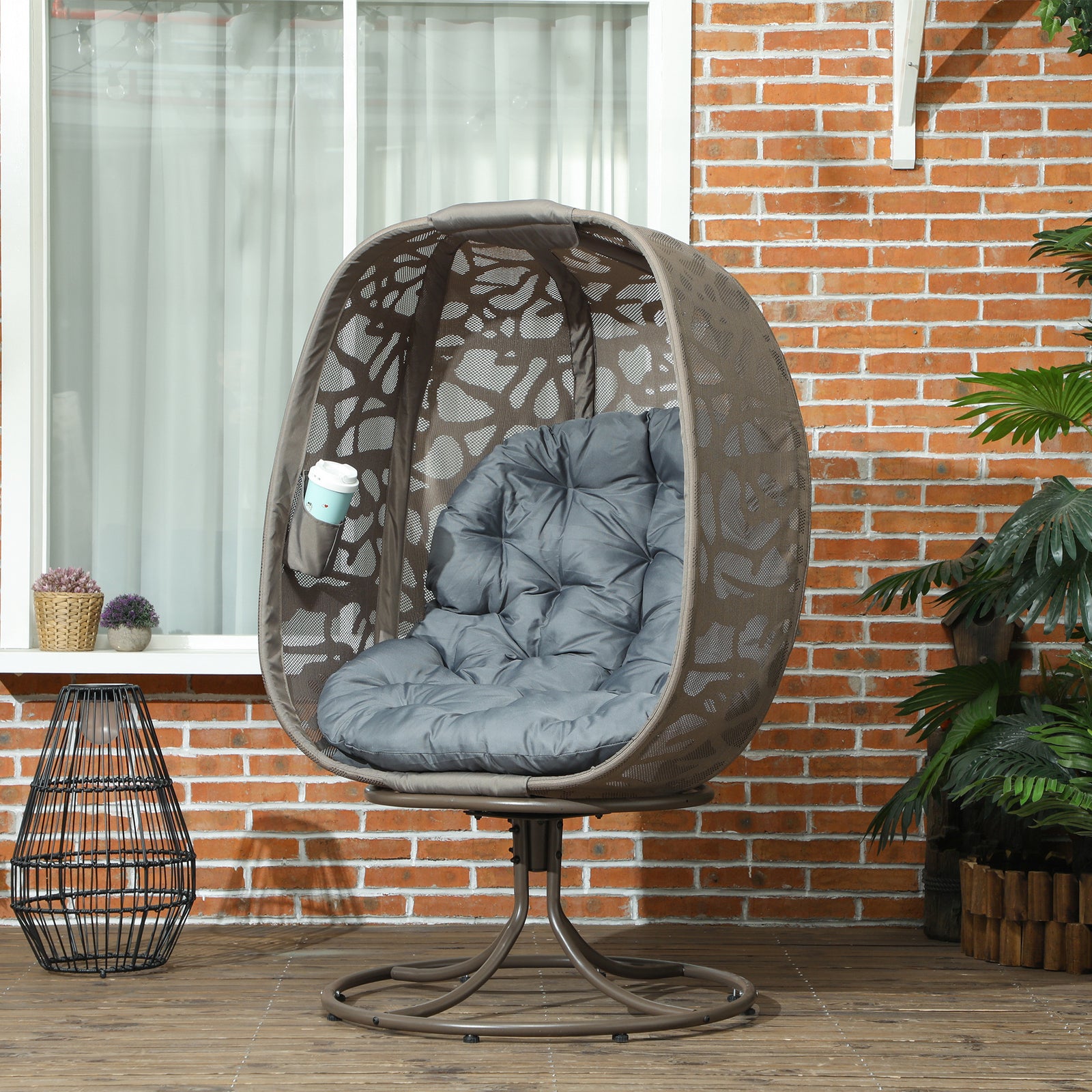 Swivel Egg Chair with Cushions, Foldable Basket Seat and Metal Frame, Indoor Outdoor Lounge Chair for Balcony, Patio and Living Room, Grey