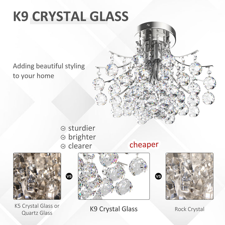 HOMCOM Crystal Chandelier w/ K9 Crystal Droplets, 3 Lights Mordern Style Ceiling Lamp for Living Room, Bedroom, Dining Room, Transparent | Aosom UK