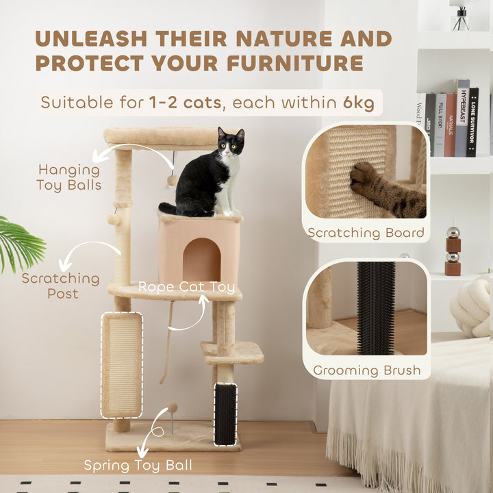 MCL 132cm Cat Tree w/ Scratching Posts, Pad, Cat Bed, Cat House, Jumping Platform, Grooming Brush, Anti-Tip Kit, Beige