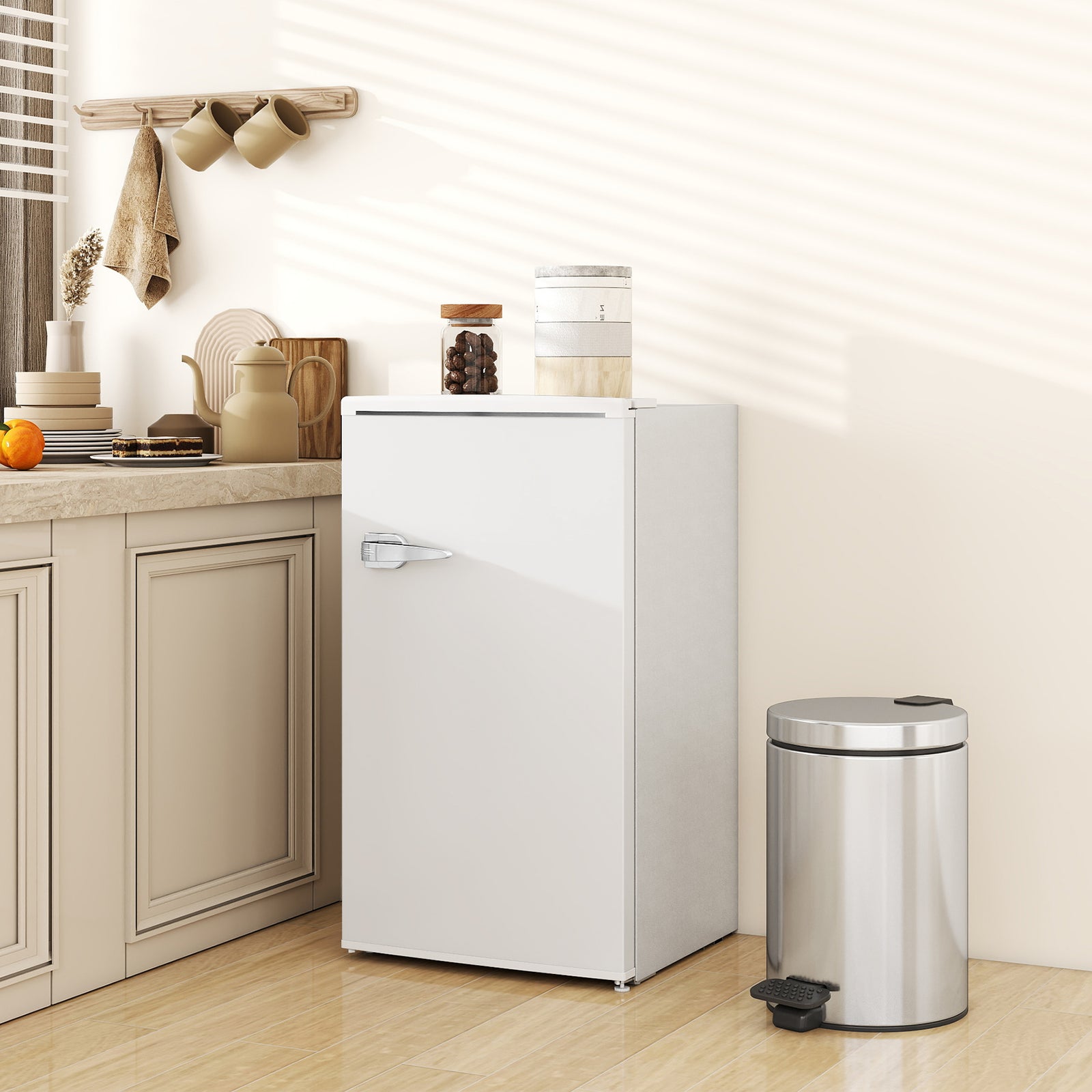 Under Counter Fridge, 85L Small Retro Refrigerator with Chiller Box, Adjustable Thermostat, Glass Shelves, White