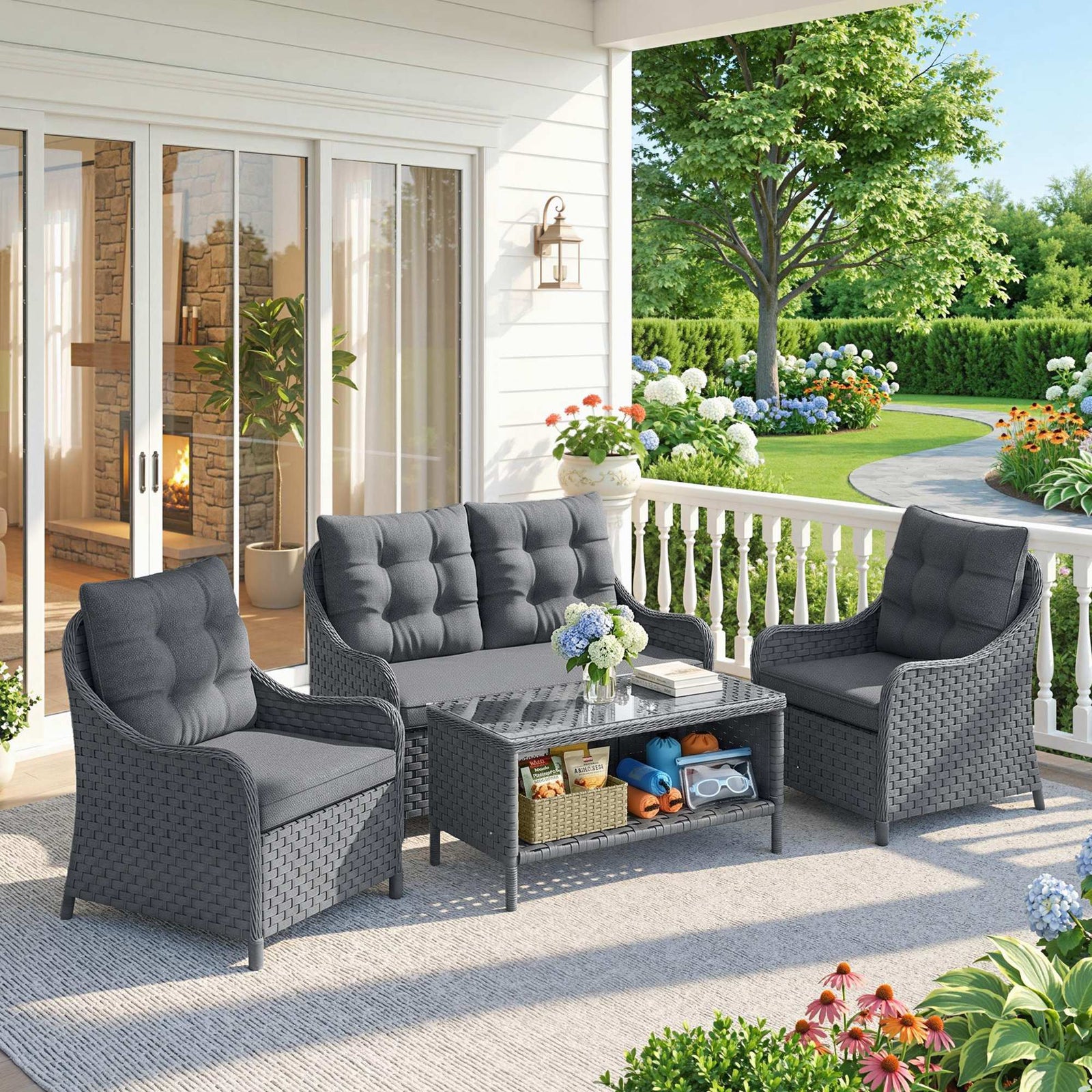 4-Piece Wicker Patio Furniture Set with 2 Armchairs, Loveseat, Glass C