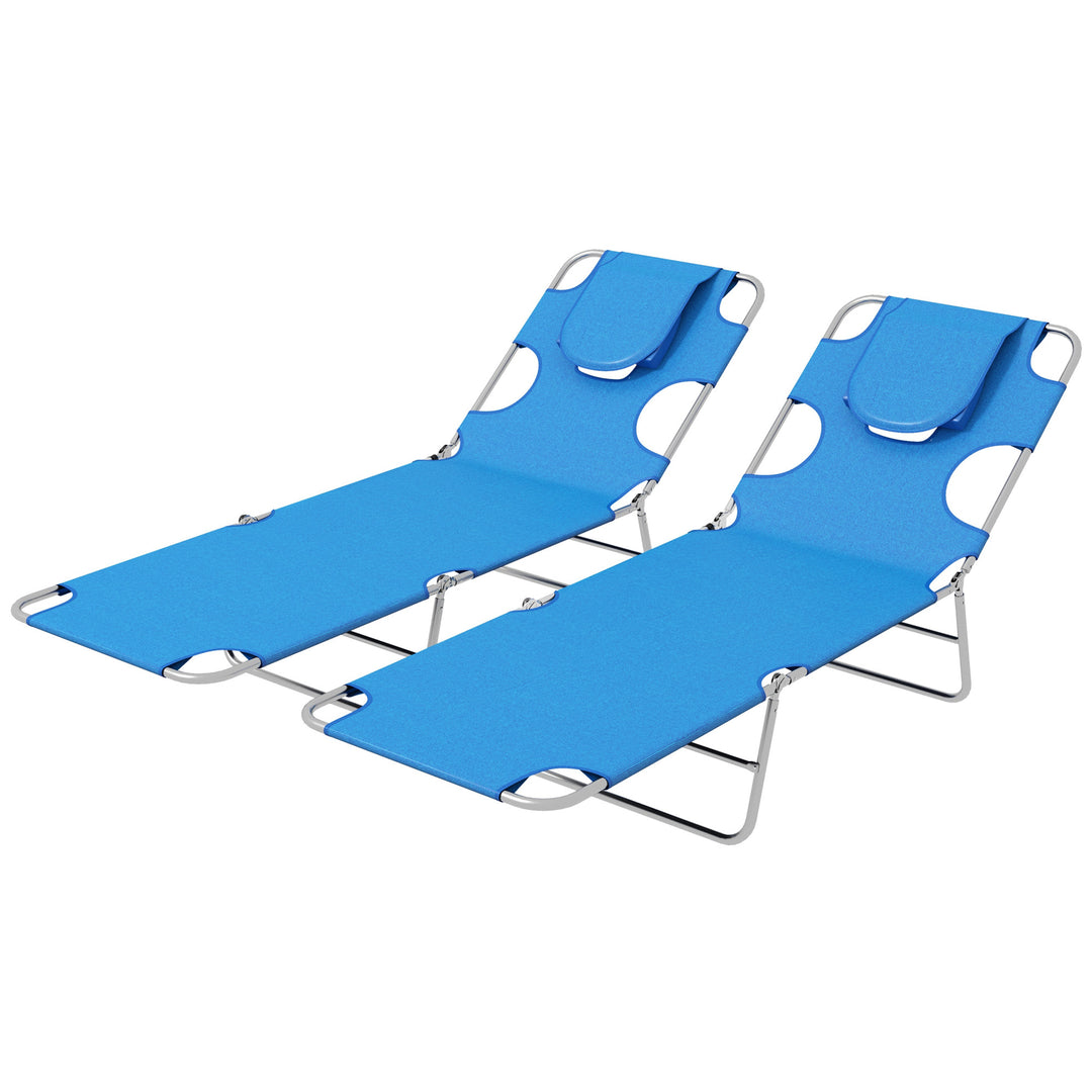 Foldable Sun Lounger Set of 2 with Reading Hole, Portable Sun Lounger with 5 Level Adjustable Backrest, Reclining Lounge Chair with Side Pocket, Headrest Pillow, Blue