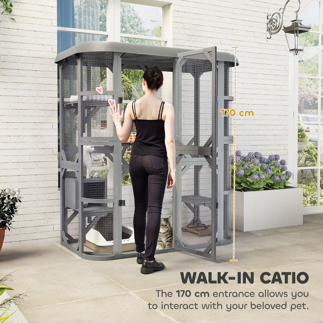 Catio Outdoor Cat Enclosure, Wooden Cat House with Platforms, Condo and Waterproof Cover for 2–3 Kittens