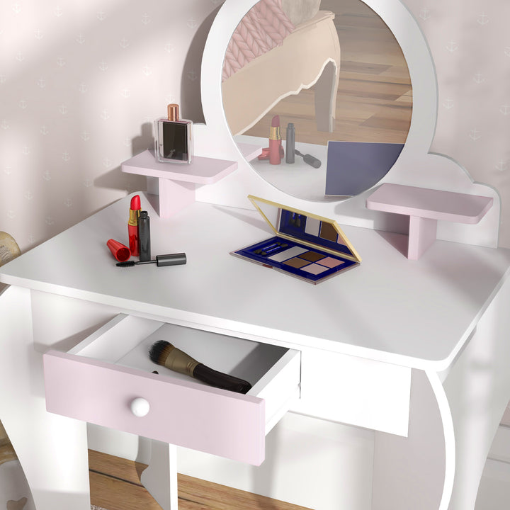 ZONEKIZ Bunny-Design Kids Dressing Table, with Mirror and Stool, Fun and Functional, White and Pink | Aosom UK