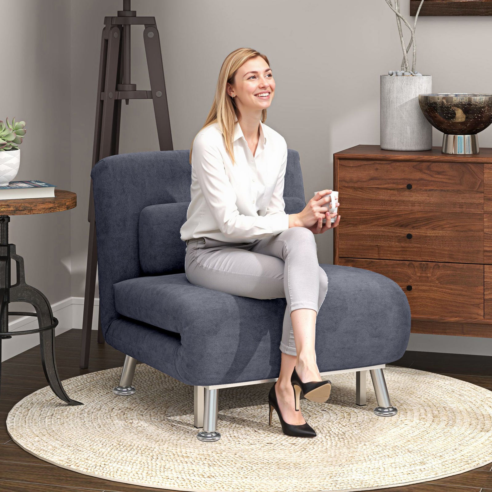 Single Velvet-Feel Sleeper Chair - Charcoal Grey