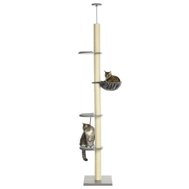 PawHut Floor to Ceiling Cat Tree 250cm with Hammock, Scratching Post, for Climbing & Relaxing. | Aosom UK