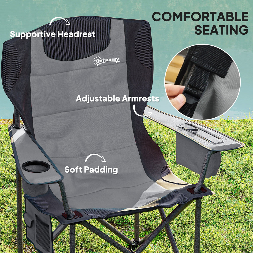 Set of 2 Folding Camping Chairs, Padded Camping Chairs with Adjustable Armrests, Portable & Lightweight Folding Camp Chair with Cooler Bag, Cup Holder and Side Pockets, Grey
