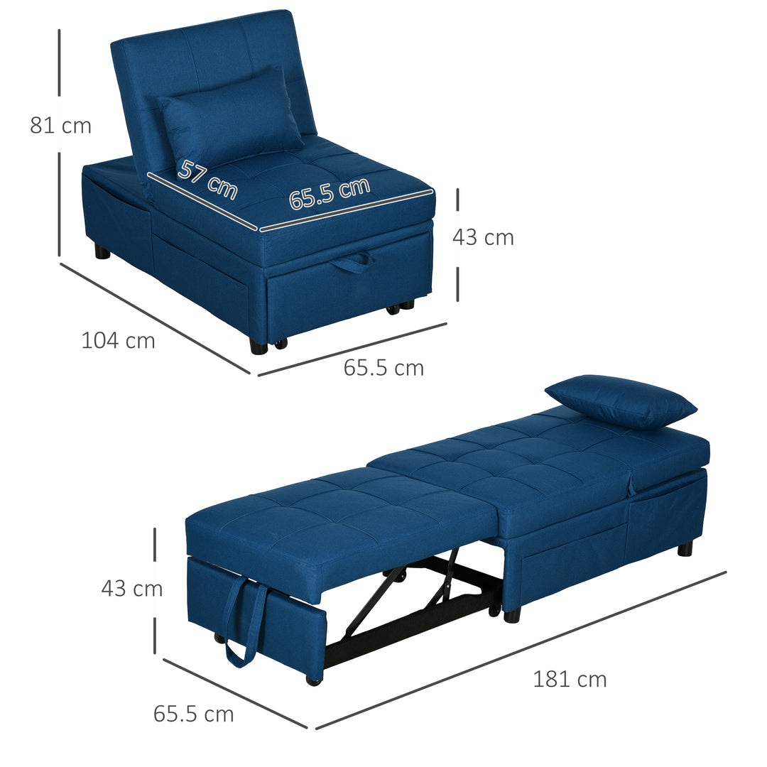 Convertible Chair Bed with Padding Seat, 4-in-1 Multi-Functional Sleeper Sofa Bed, Recliner with Adjustable Backrest, Side Pocket, Wheels and Pillow, for Living Room, Blue