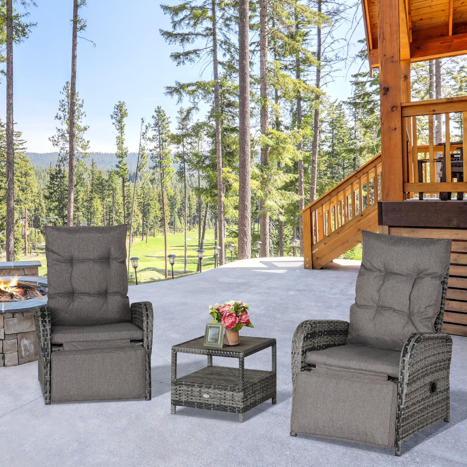 2 Seater Patio Wicker Chaise Lounge Sofa Set with Fabric Cushion, Grey