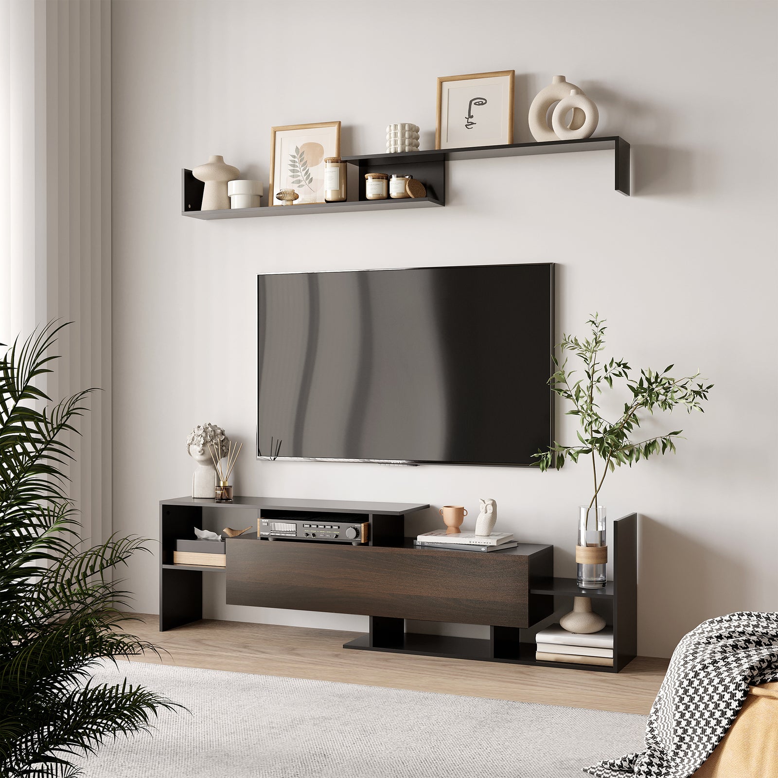 TV Cabinet with Wall Shelf for Wall-Mounted 65" TVs or Standing 40" TVs - Black and Dark Brown
